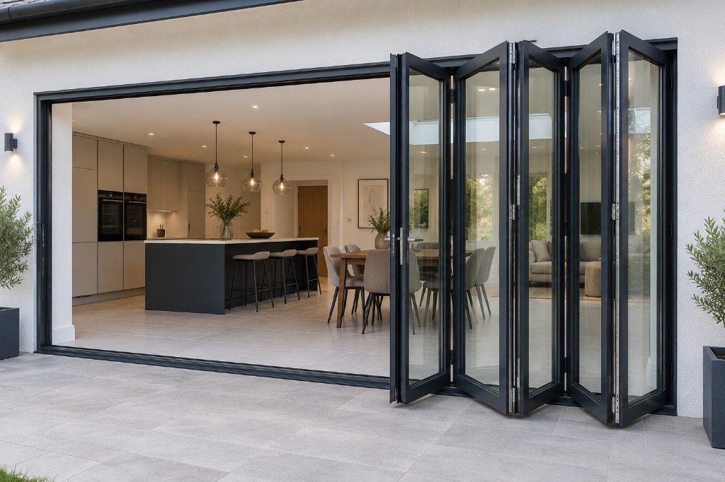 Bifold doors stacked open between a living space and garden