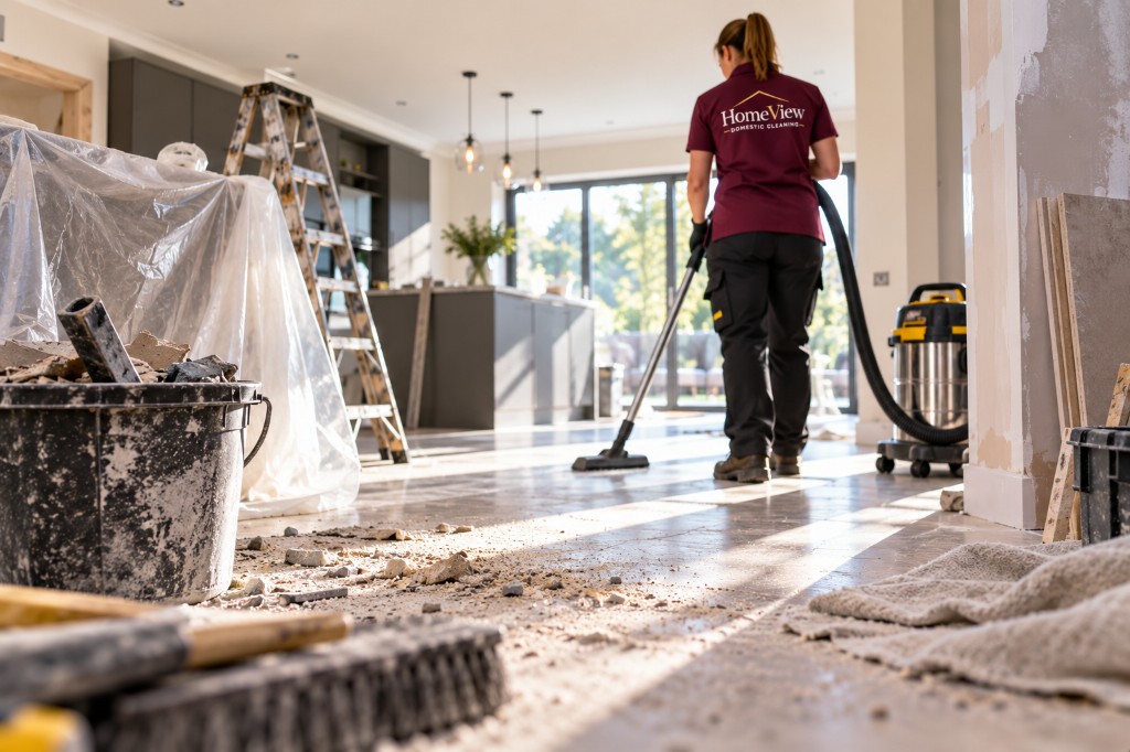 HomeView Domestic Cleaning cleaner vacuuming dust and debris after decorating, with a ladder, rubble bucket and wet-dry vacuum in a bright open-plan kitchen