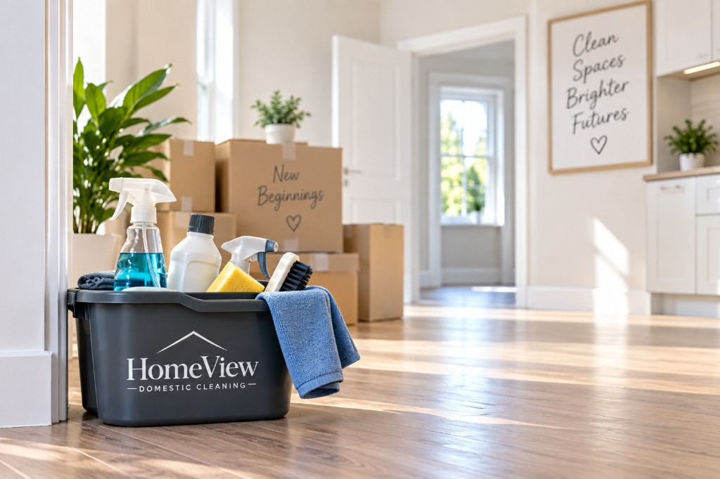 HomeView Domestic Cleaning caddy in an empty home with moving boxes labelled new beginnings
