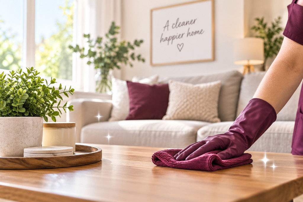 Cleaner in burgundy gloves polishing a wooden coffee table in a bright living room