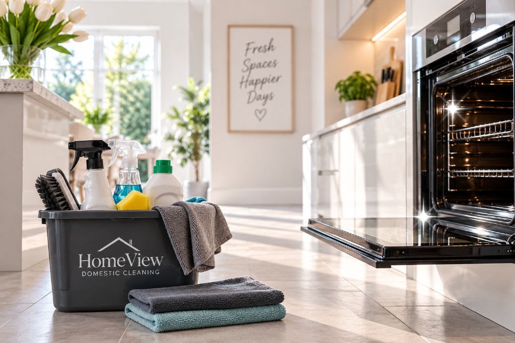 HomeView Domestic Cleaning caddy, cloths and an open oven in a bright kitchen ready for a spring clean