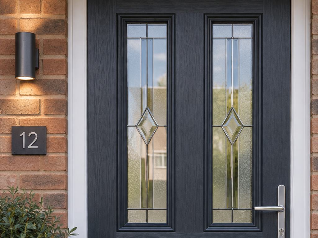 Charcoal composite front door with glazed panels and a silver handle, set in a brick porch