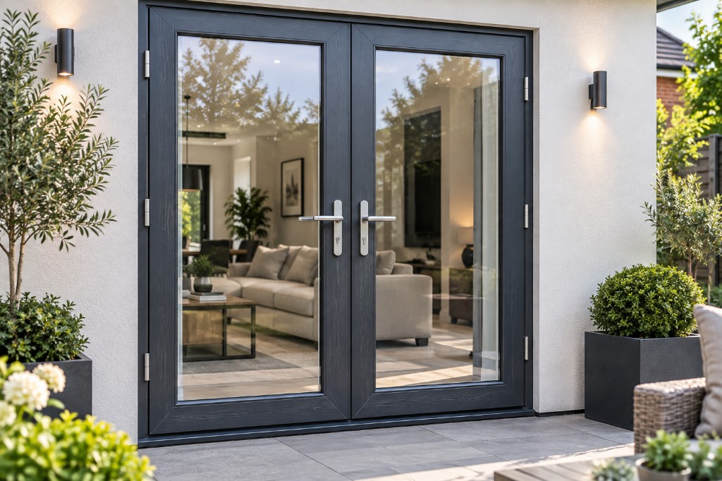 Anthracite grey French doors opening from a patio into a living room