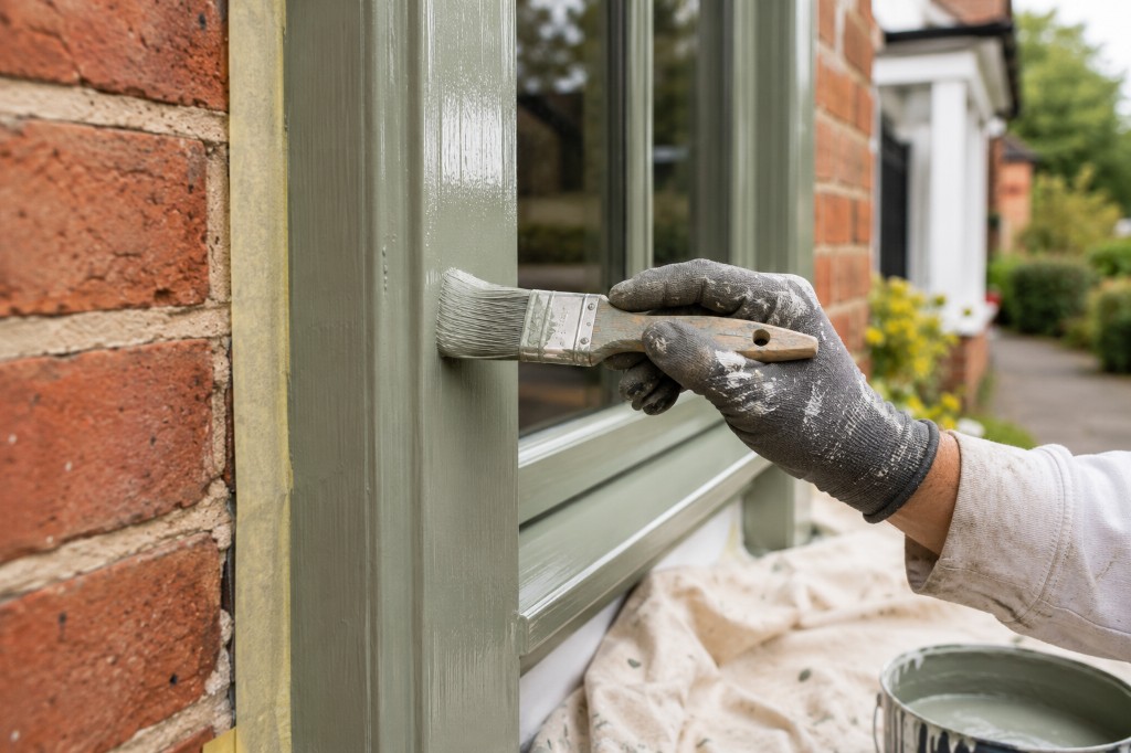 Painter brushing sage green paint onto an exterior window frame with masking tape and drop sheet in place
