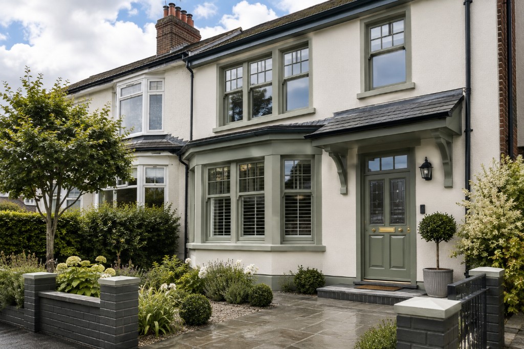 Semi-detached house front with cream render and sage green doors, windows and porch trim