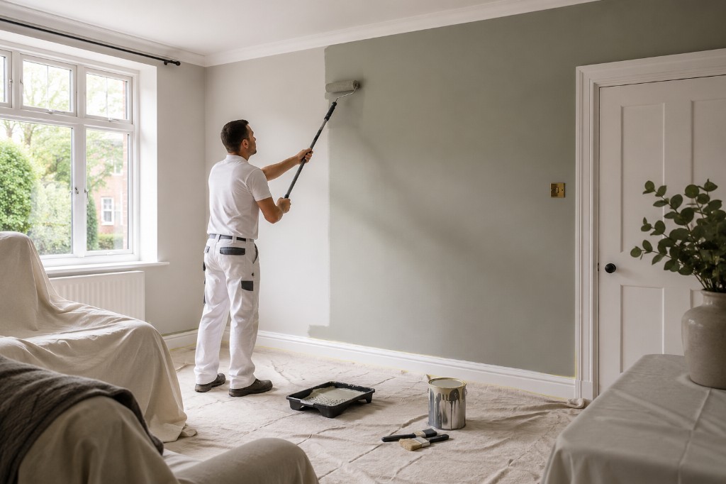 Painter applying sage green emulsion to a living room wall with floors and furniture protected