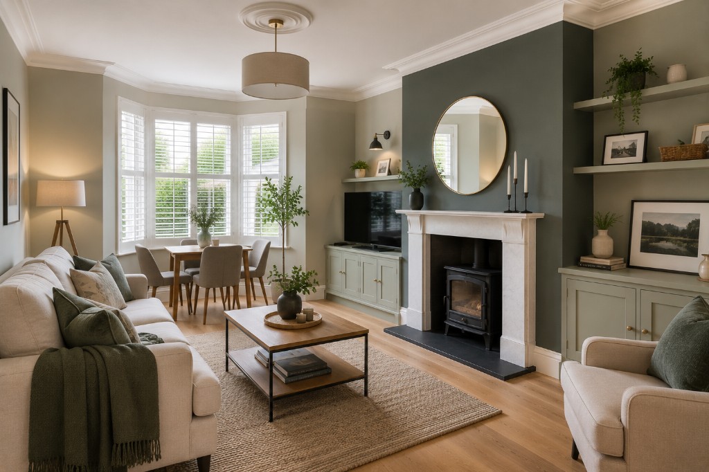 Finished living room with sage green feature wall, white woodwork and bay window seating area