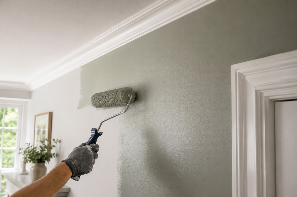 Close-up of a roller applying soft sage green emulsion to an interior wall