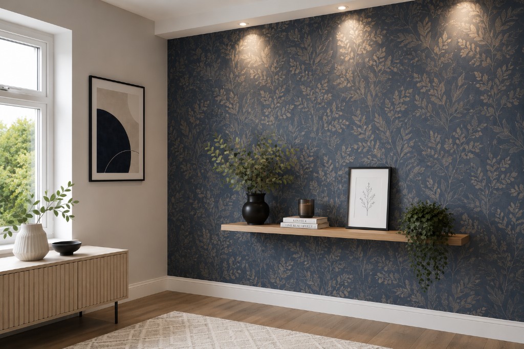 Navy botanical wallpaper feature wall with oak shelf, styled accessories and warm spotlighting