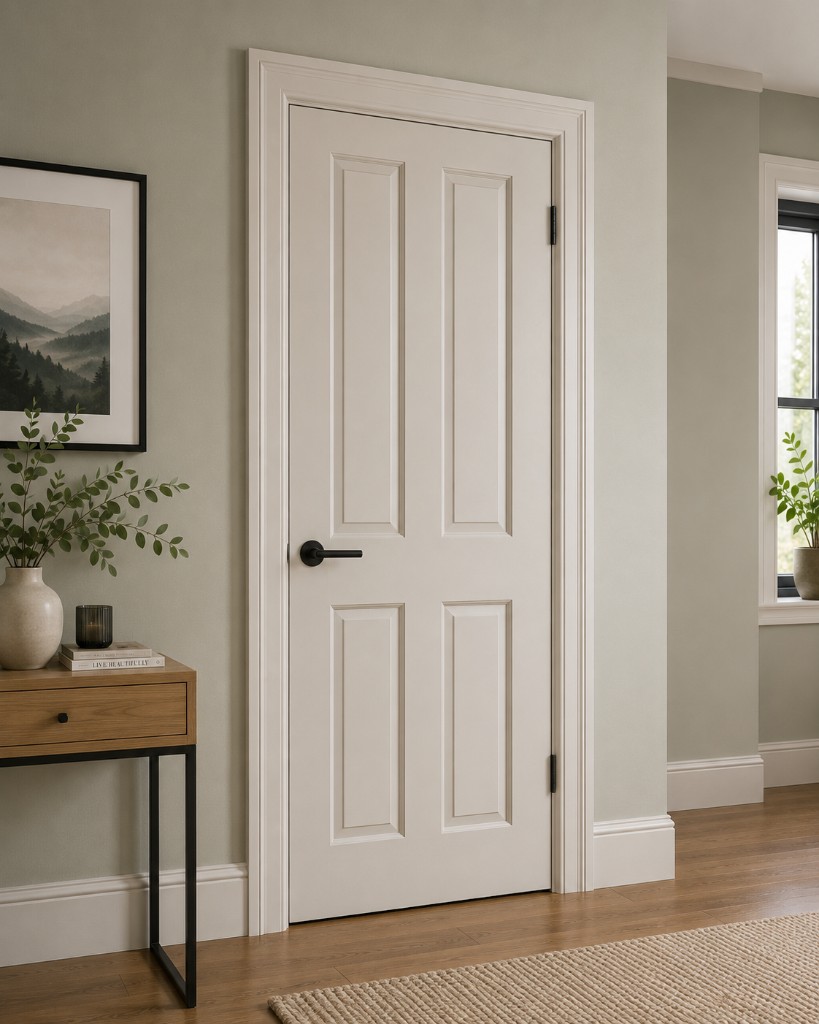 Cream four-panel interior door and matching architrave with a smooth satin finish against sage green walls