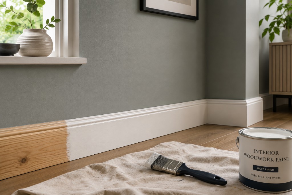 Skirting board being painted matt white, with woodwork paint, brush and drop cloth on the floor