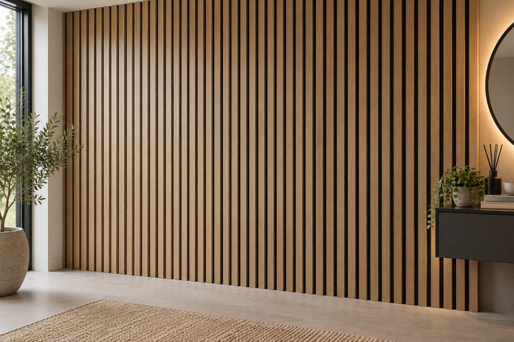 Oak slatted panelling on a hallway feature wall with a potted plant and floating console