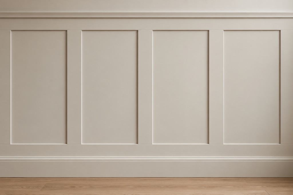 Cream shaker wall panelling with square frames, dado rail, skirting and oak flooring