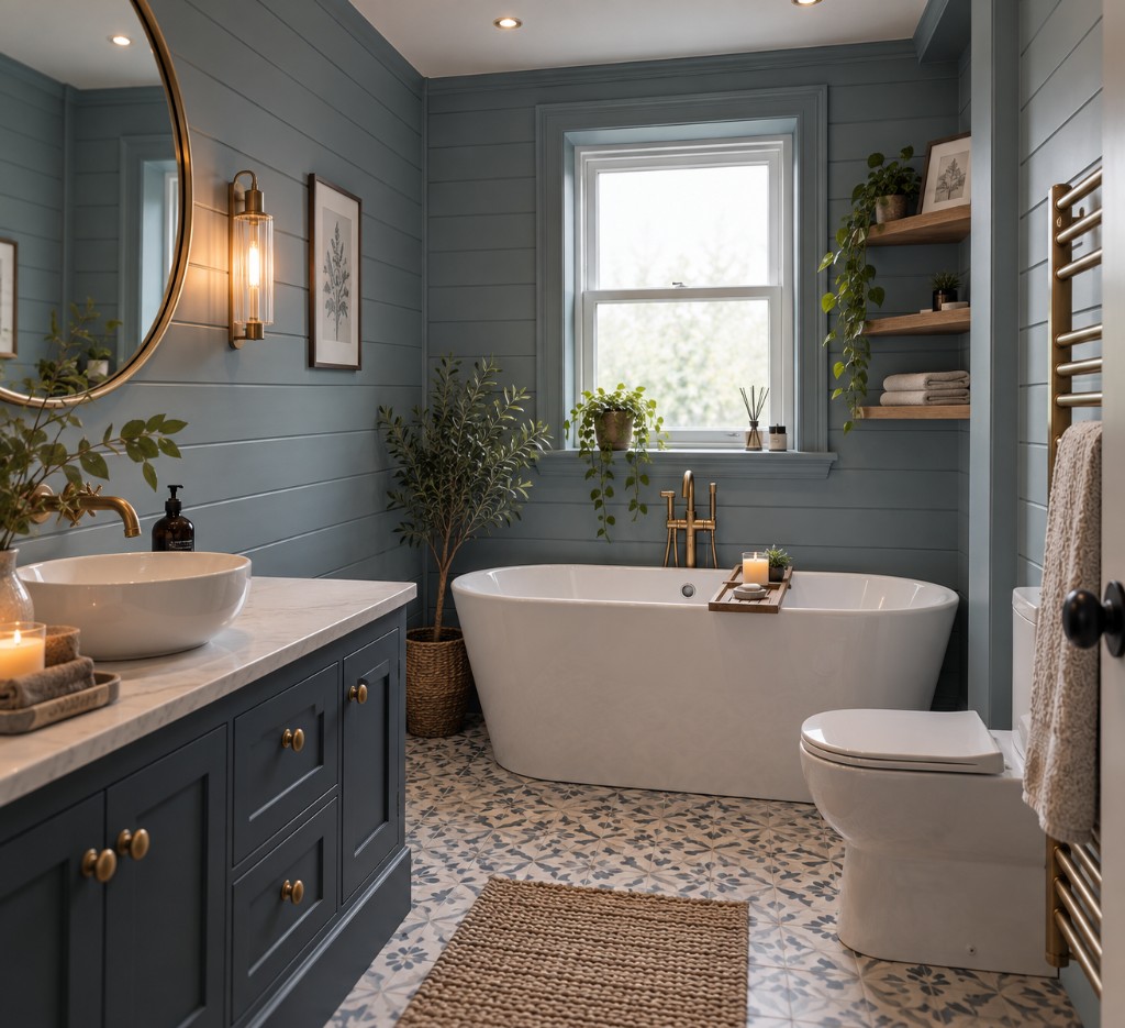 Bathroom with blue-grey horizontal shiplap walls, a freestanding bath, navy vanity and patterned floor tiles