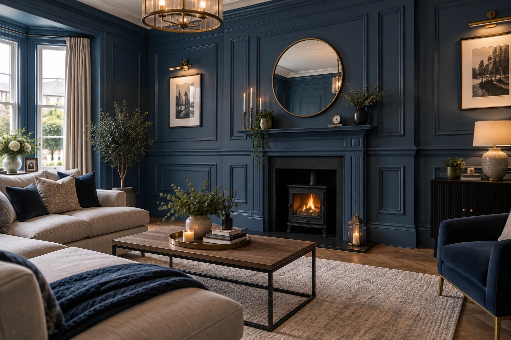 Navy Victorian-style box panelling in a sitting room with a fireplace, round mirror and cream sofa