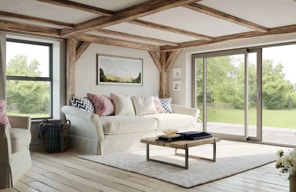 Sliding patio doors opening from a living room onto a garden
