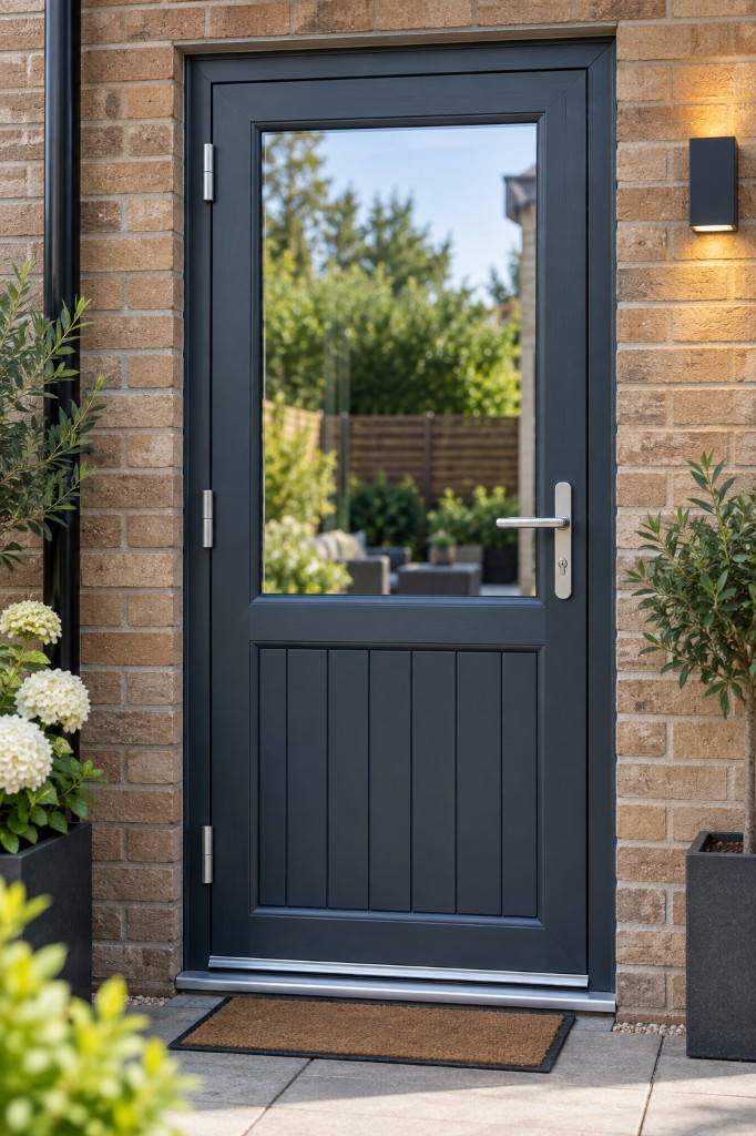 Anthracite grey uPVC door with a glazed upper panel on a brick house